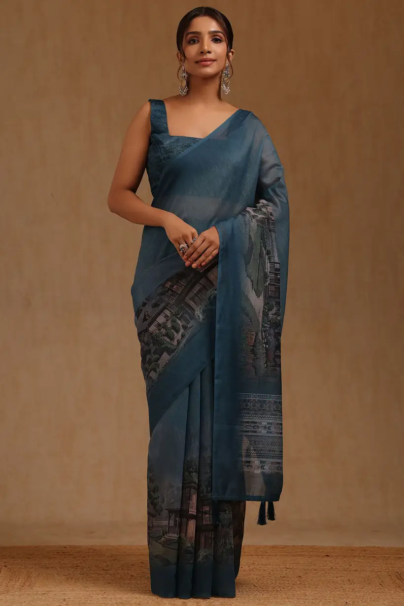 Teal Blue Chanderi Digital Print Saree